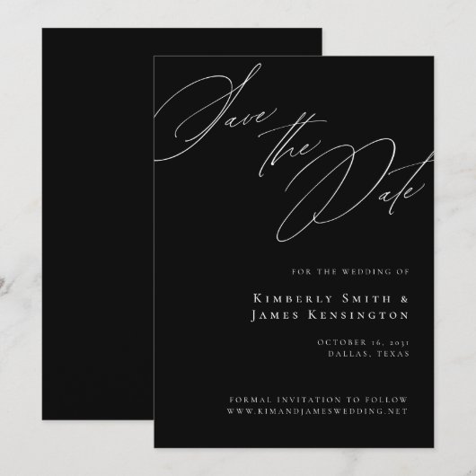 Elegante formele kalligrafie zwart bruiloft save the date (Voorkant / Achterkant)