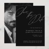 Elegante formele kalligrafie zwart foto bruiloft save the date (Voorkant / Achterkant)