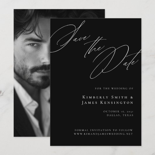 Elegante formele kalligrafie zwart foto bruiloft save the date (Voorkant / Achterkant)