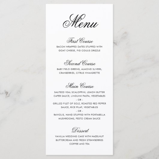 Elegante formele kalligrafie zwart-wit bruiloft menu (Voorkant)
