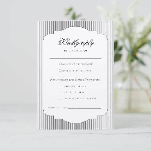 Elegante formele klassieke maaltijd keuze bruiloft RSVP kaartje (Staand voorkant)