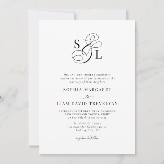 Elegante formele klassieke monogram bruiloft kaart (Voorkant)