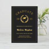 Elegante formele lauwerkrans gouden baret afstudee aankondiging (Staand voorkant)