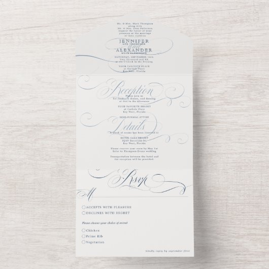 Elegante formele marine eenvoudige bruiloft all in one uitnodiging (Binnen)