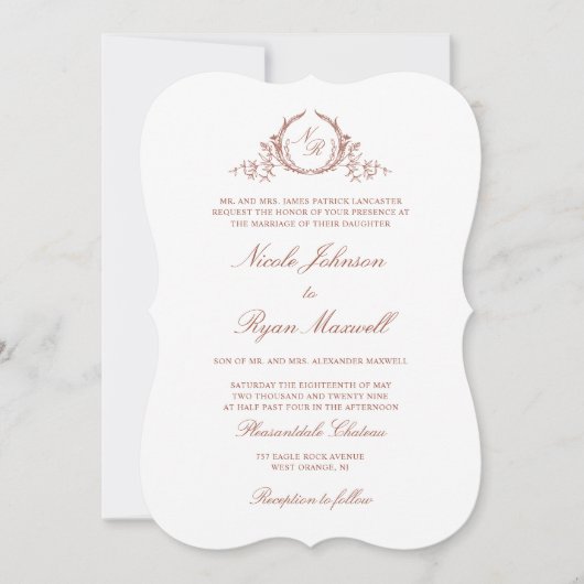 Elegante formele monogram donkere terracotta bruil kaart (Voorkant)