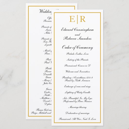 Elegante Formele Monogram Gouden Bruiloft Programmakaart (Voorkant / Achterkant)