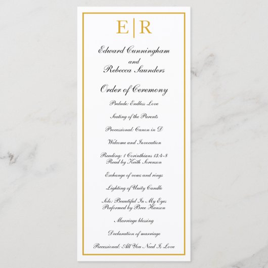 Elegante Formele Monogram Gouden Bruiloft Programmakaart (Voorkant)