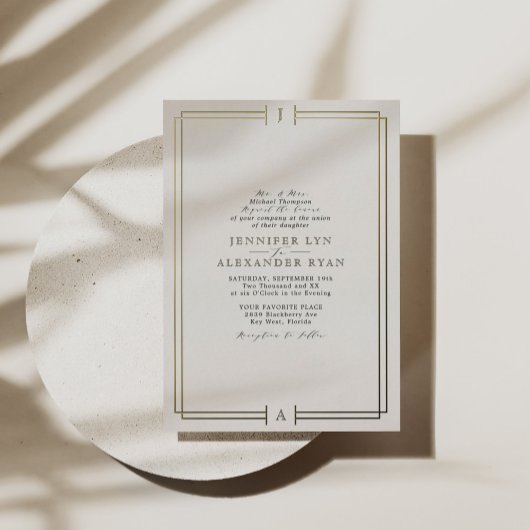 Elegante Formele Monogram Huwelijk Goud Folie Uitnodiging
