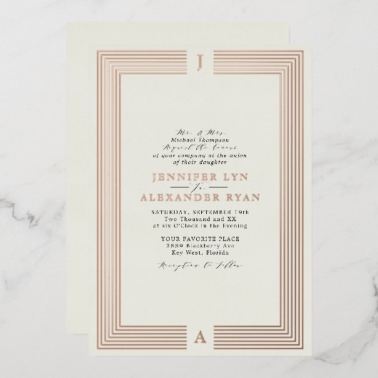 Elegante formele monogram trouw-RSVP QR-code goud Folie Uitnodiging (Voorkant / Achterkant)