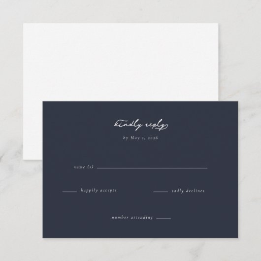 Elegante formele navyblauwe reactie RSVP kaartje (Voorkant / Achterkant)