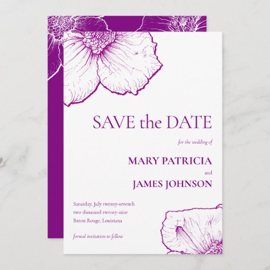 Elegante formele paarse bloemenclematis tekening save the date (Voorkant / Achterkant)