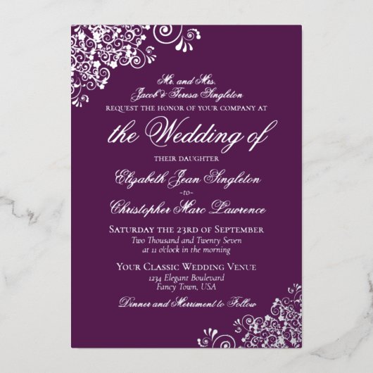 Elegante formele Plum Paarse & Zilveren bruiloft Folie Uitnodiging (Voorkant)