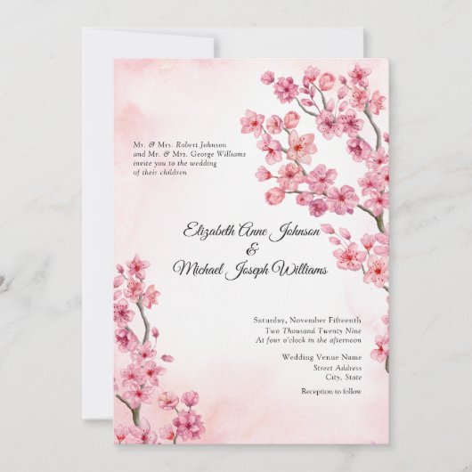 Elegante Formele Roze Kersenbloesem Bloemrijke Bru Kaart (Voorkant)