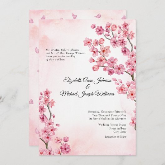 Elegante Formele Roze Kersenbloesem Bloemrijke Bru Kaart (Voorkant / Achterkant)