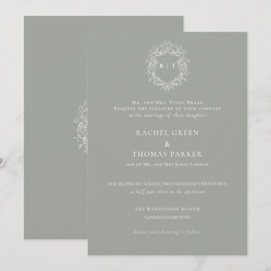 Elegante formele Sage Crest Monogram Huwelijk Kaart (Voorkant / Achterkant)