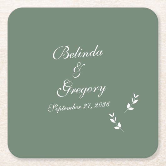 Elegante formele salie olijfgroene script bruiloft kartonnen onderzetters (Voorkant)