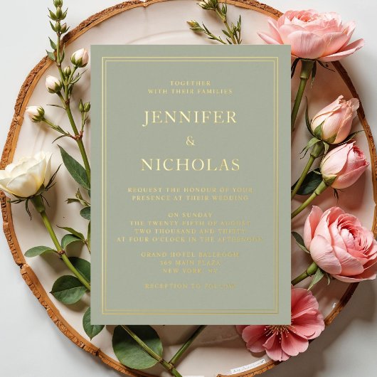 Elegante formele saliegroene bruiloft folie uitnodiging