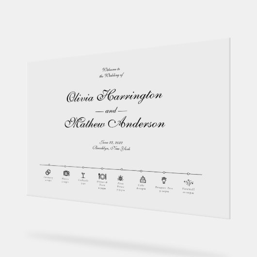 Elegante formele script bruiloft tijdlijn welkom acryl bord (Hoek)
