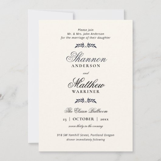 Elegante formele uitnodiging in navy en crème (Voorkant)