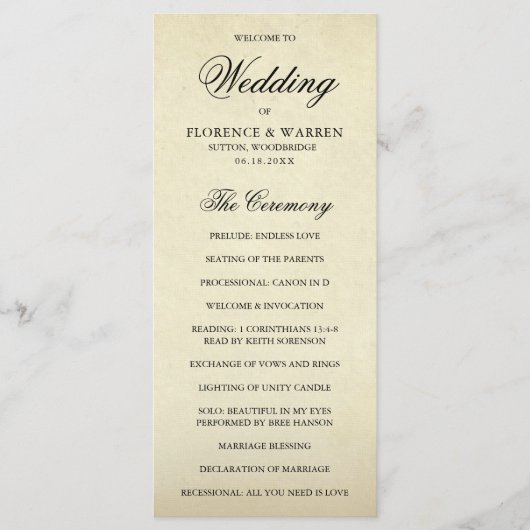 Elegante formele vintage trouwdag programmakaart (Voorkant)