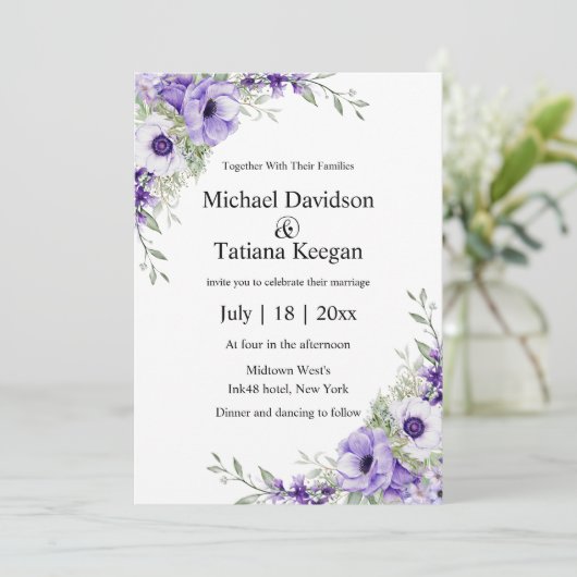 Elegante formele waterverf paarse bloemenbruiloft kaart (Staand voorkant)