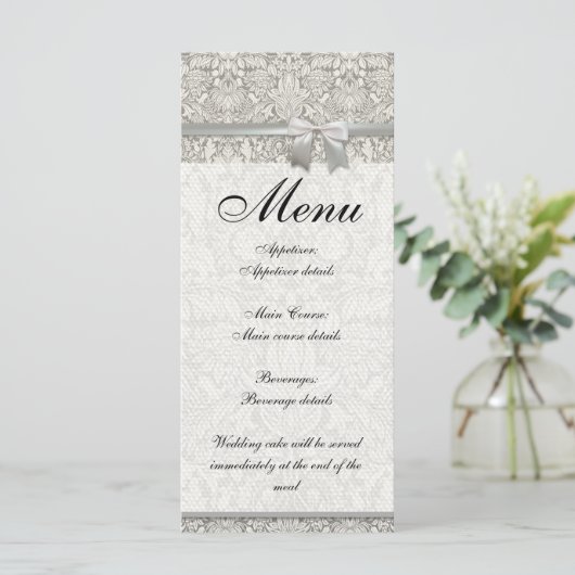 Elegante formele witte damast kant brokaat menu (Staand voorkant)