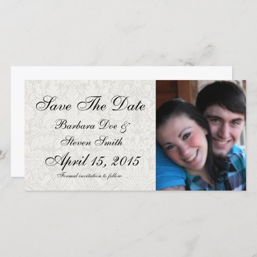 Elegante formele witte damast kant brokaat save the date (Voorkant / Achterkant)