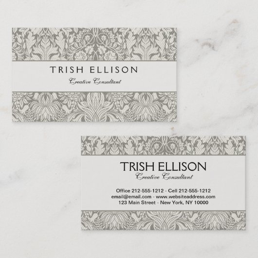 Elegante formele witte damast kant brokaat visitekaartje (Voorkant / Achterkant)