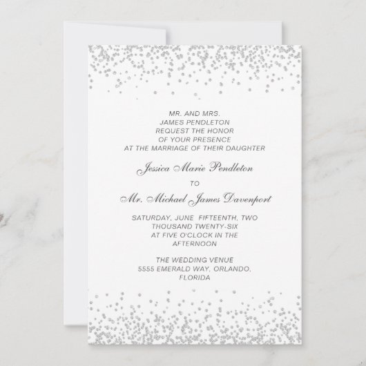 Elegante formele witte zilveren glitters bruiloft kaart (Voorkant)