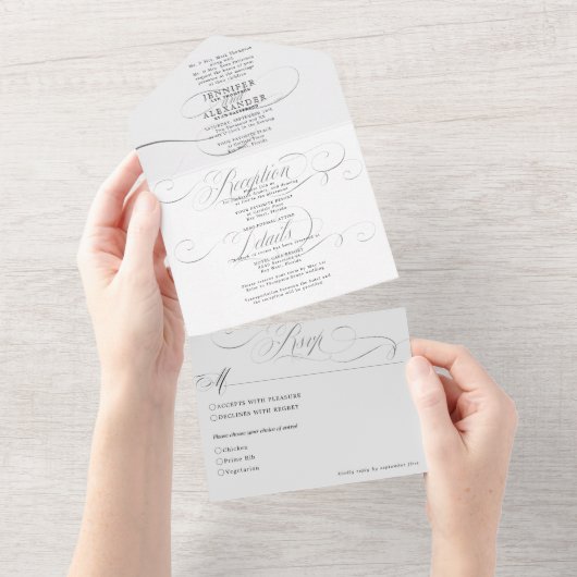 Elegante formele zwart-wit bruiloft alles in één all in one uitnodiging (Afscheurbaar)