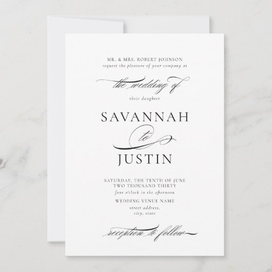 Elegante formele zwart-wit bruiloft kaart (Voorkant)