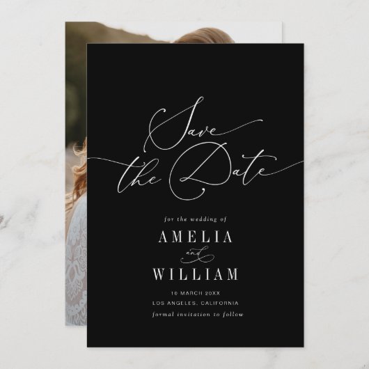 Elegante formele zwart-wit bruiloft save the date (Voorkant / Achterkant)