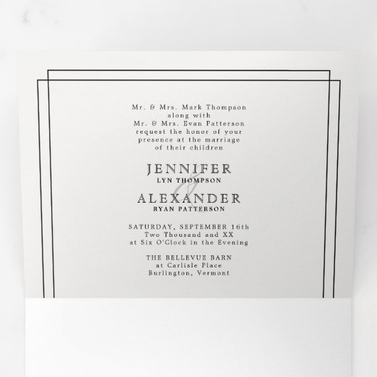 Elegante formele zwart wit eenvoudige bruiloft dri drieluik uitnodiging (Binnenzijde eerst)