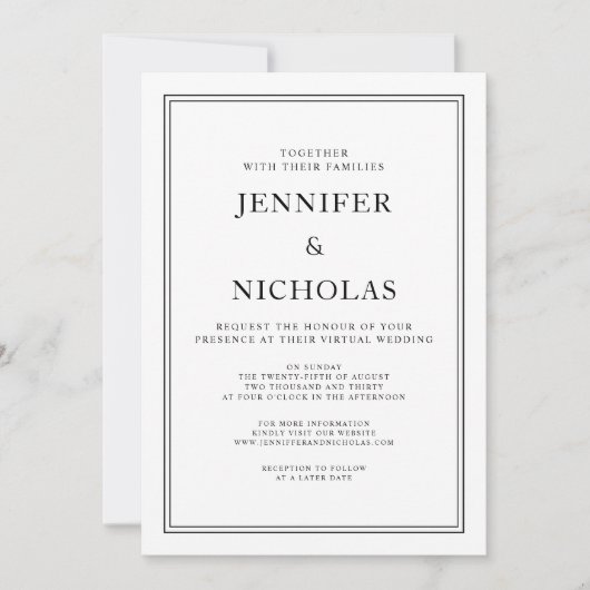 Elegante formele zwart-wit virtuele bruiloft kaart (Voorkant)
