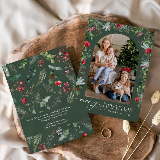 Elegante Forst Groene Botanische Boog Vrolijk Kers Feestdagenkaart