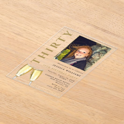 Elegante foto 30ste verjaardag Champagne Acryl Uitnodigingen (Laagn)
