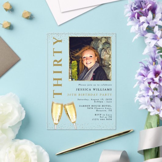 Elegante foto 30ste verjaardag Champagne Acryl Uitnodigingen (Insitu (Huwelijk))