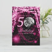 Elegante foto 50e verjaardag Hot Pink Glam Lights Kaart (Staand voorkant)