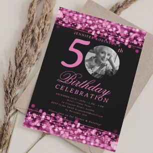 Elegante foto 50e verjaardagsfeest hete roze licht kaart