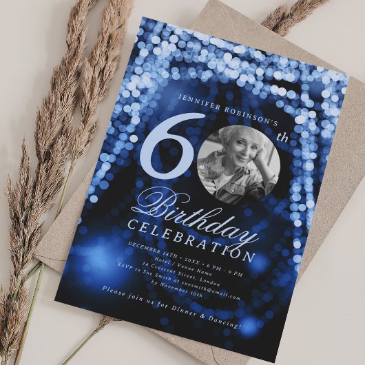 Elegante foto 60e verjaardag Navy Blue Glam Lights Kaart