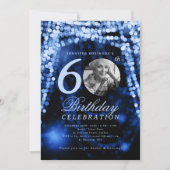 Elegante foto 60e verjaardag Navy Blue Glam Lights Kaart (Voorkant)