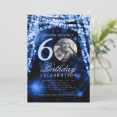 Elegante foto 60e verjaardag Navy Blue Glam Lights Kaart (Staand voorkant)