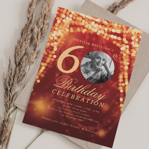 Elegante foto 60e verjaardag Red Gold Glam Lights Kaart