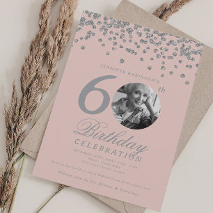 Elegante foto 60e verjaardag Zilveren Confetti Blu Kaart