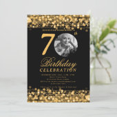 Elegante foto 70e verjaardagsfeest gouden lichten kaart (Staand voorkant)