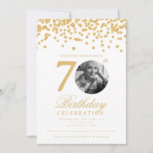 Elegante foto 70ste verjaardag Gouden Confetti Kaart (Voorkant)