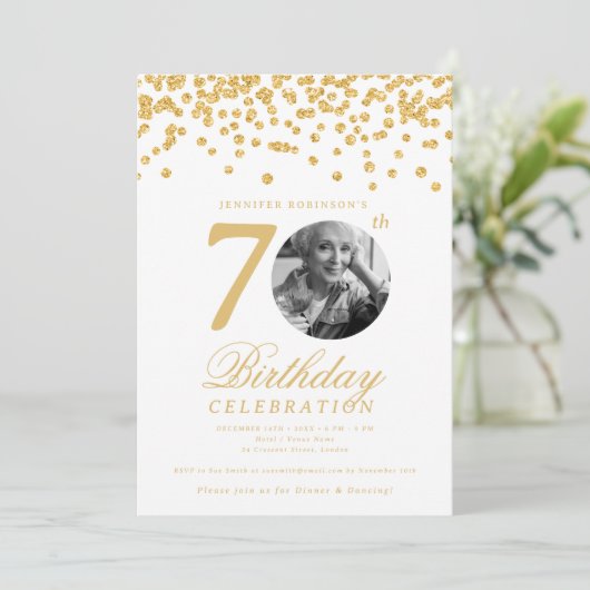 Elegante foto 70ste verjaardag Gouden Confetti Kaart (Staand voorkant)