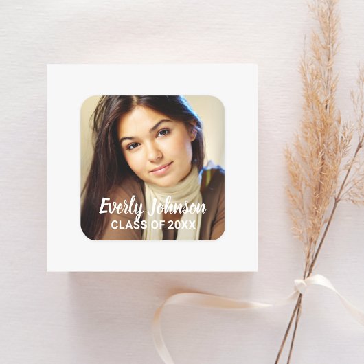Elegante foto afstudeer naam script vierkante sticker