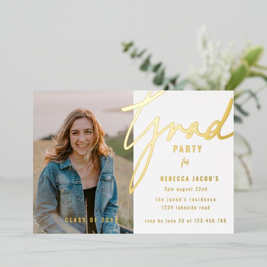 Elegante foto Afstudeerder Party Folie Uitnodiging (Staand Voorkant)