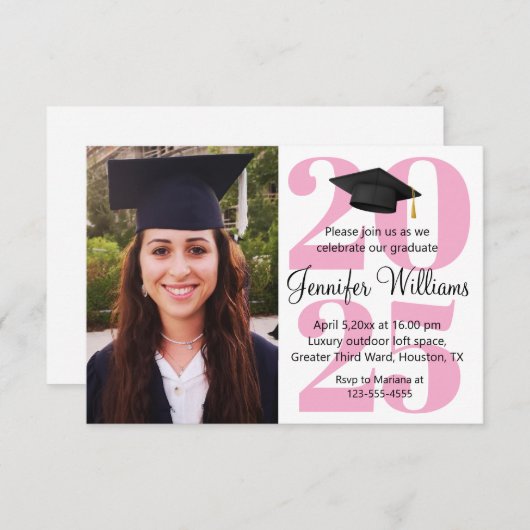 Elegante foto afstuderen 2025 Party Pink Script Kaart (Voorkant / Achterkant)